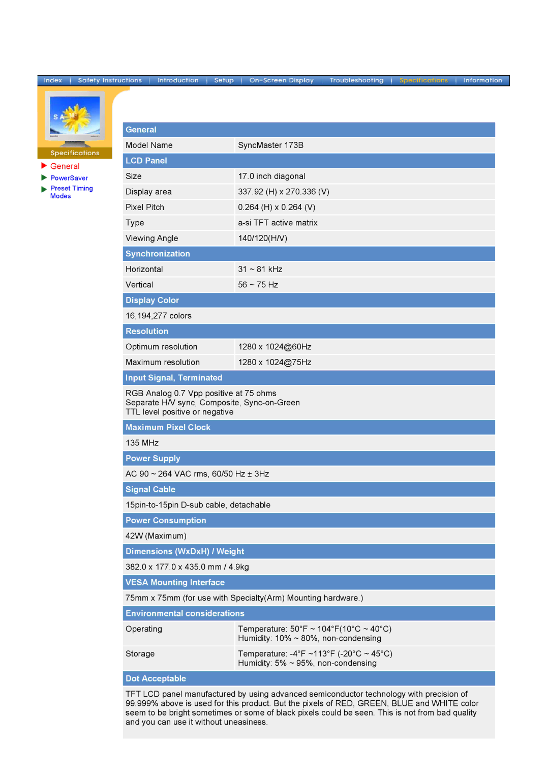 Samsung 172V, 152V, 192V manual Model Name SyncMaster 173B 