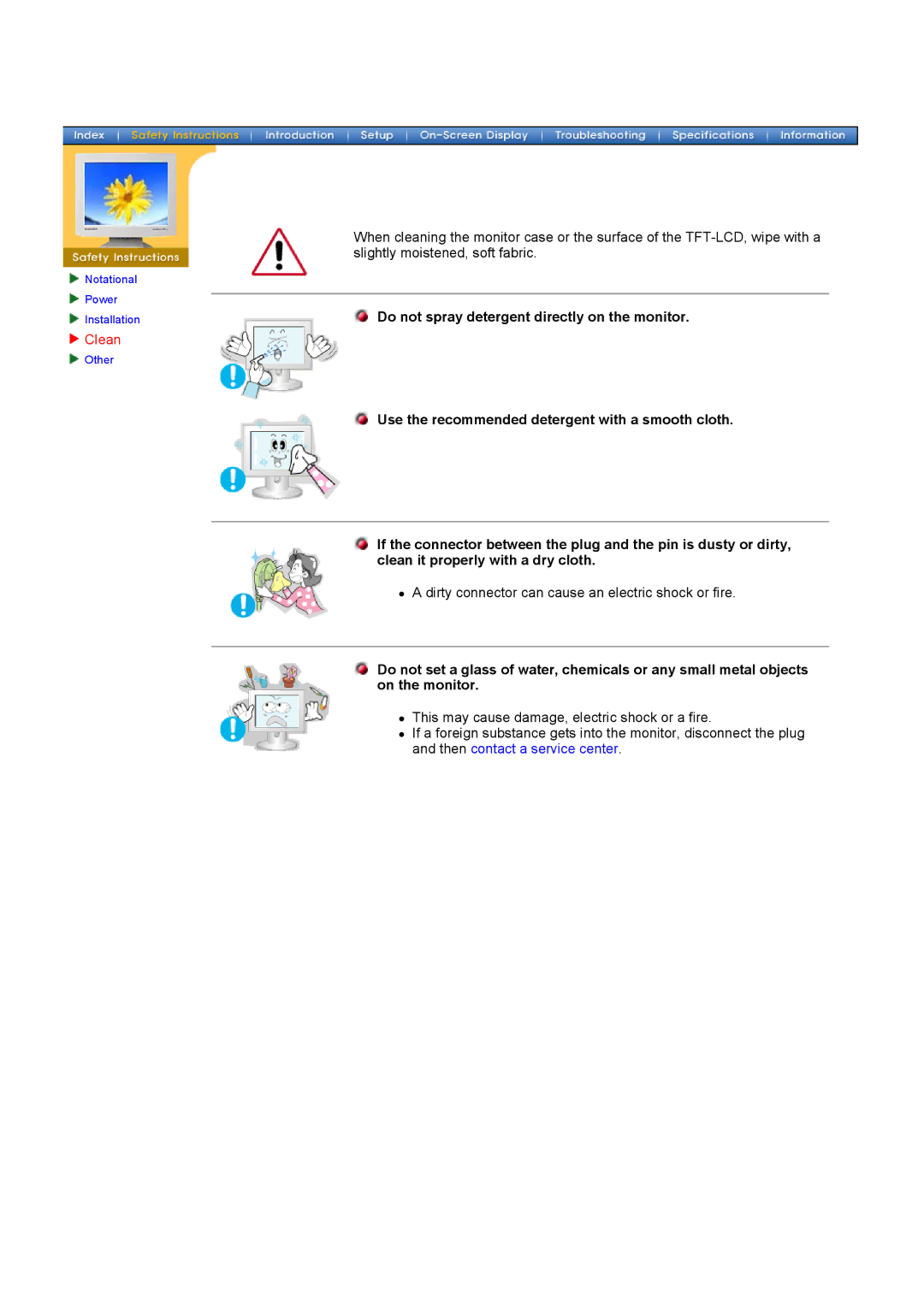 Samsung 152V, 172V, 192V manual Do not spray detergent directly on the monitor 