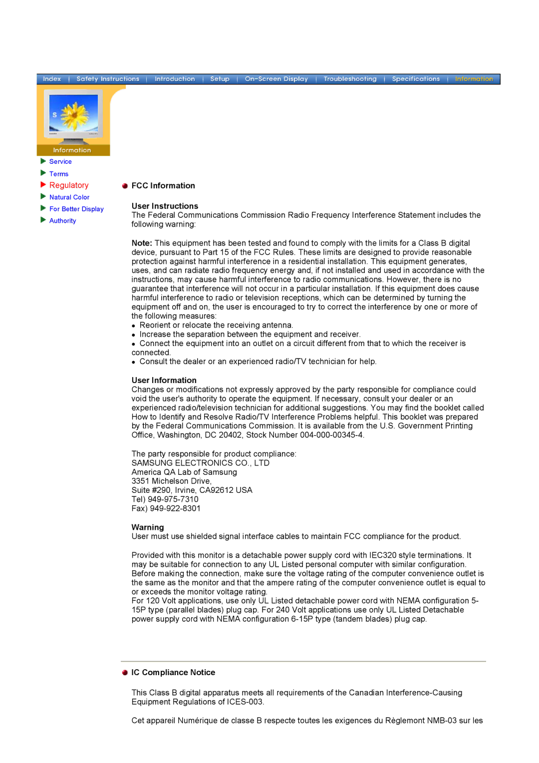 Samsung 172V, 152V, 192V manual FCC Information User Instructions, User Information, IC Compliance Notice 