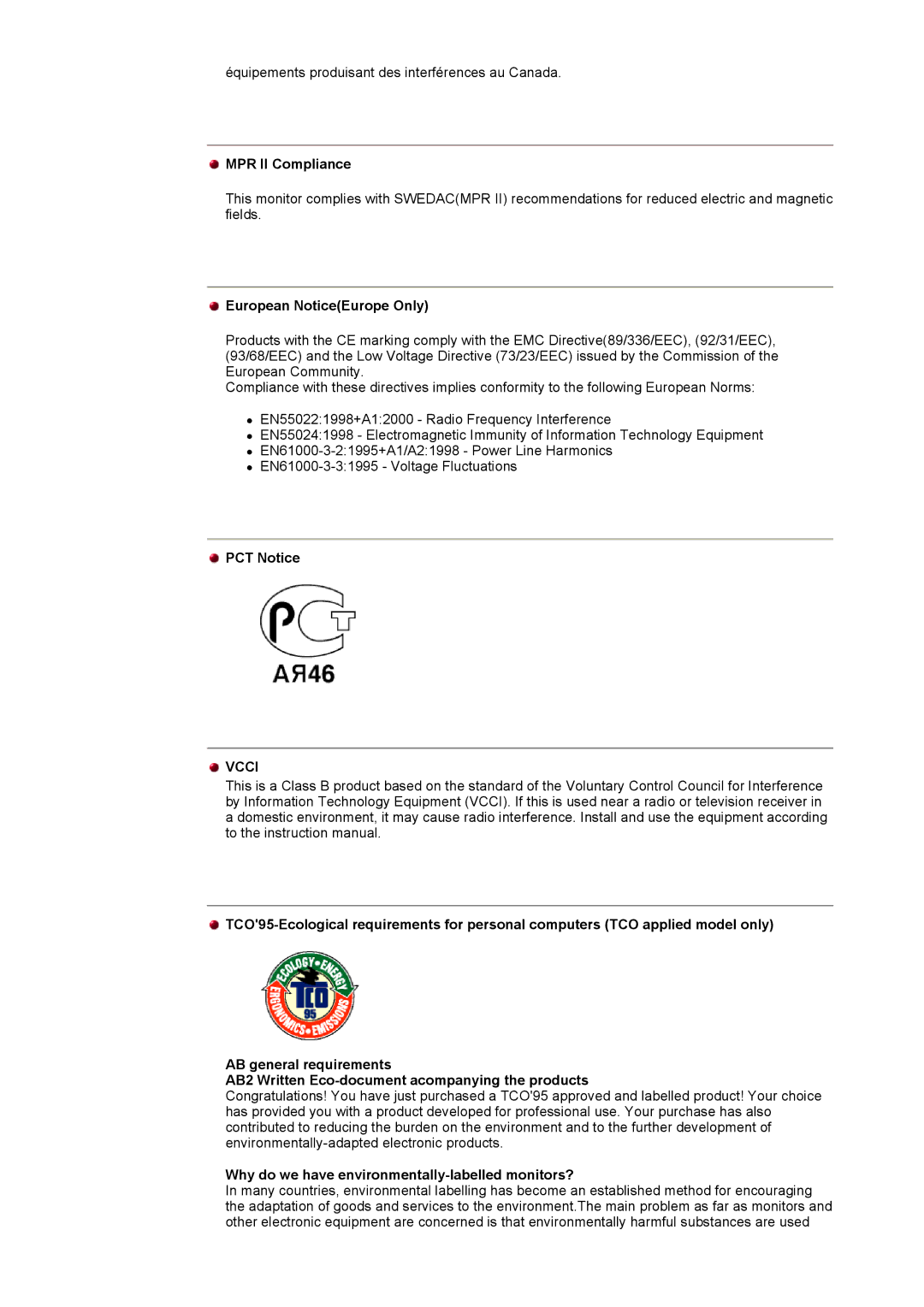 Samsung 192V MPR II Compliance, European NoticeEurope Only, PCT Notice, Why do we have environmentally-labelled monitors? 