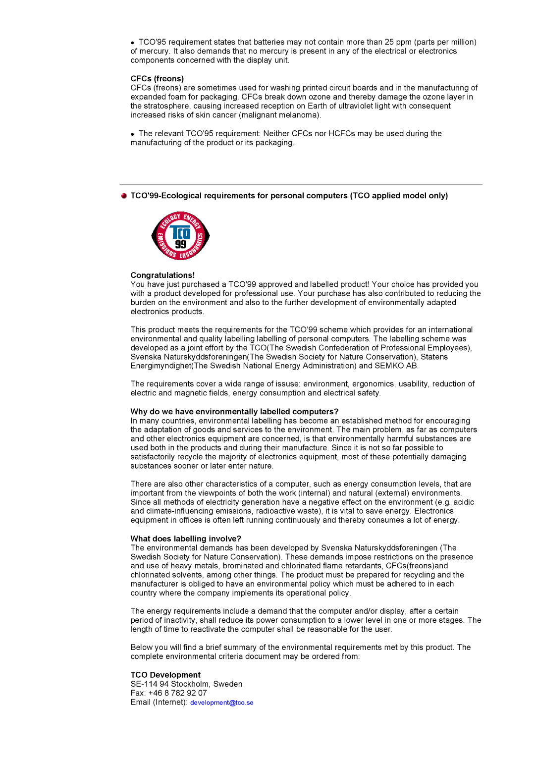 Samsung 172V, 152V, 192V manual CFCs freons, Why do we have environmentally labelled computers?, TCO Development 