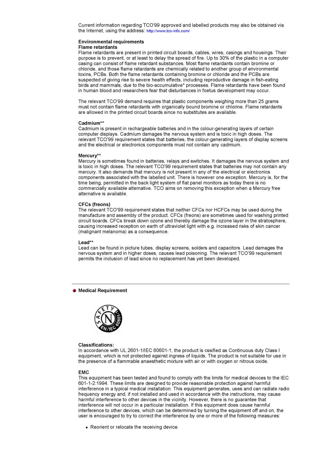 Samsung 192V, 152V, 172V manual Environmental requirements Flame retardants, Medical Requirement Classifications 