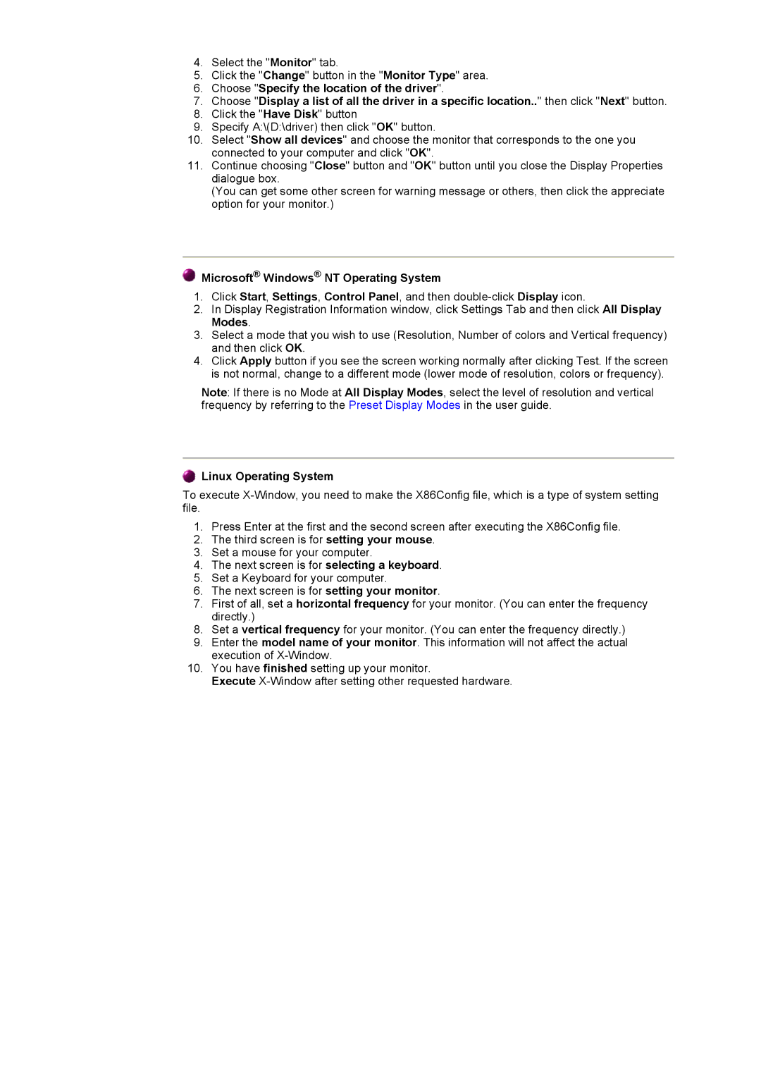 Samsung 172x, 152x manual Microsoft Windows NT Operating System, Linux Operating System 