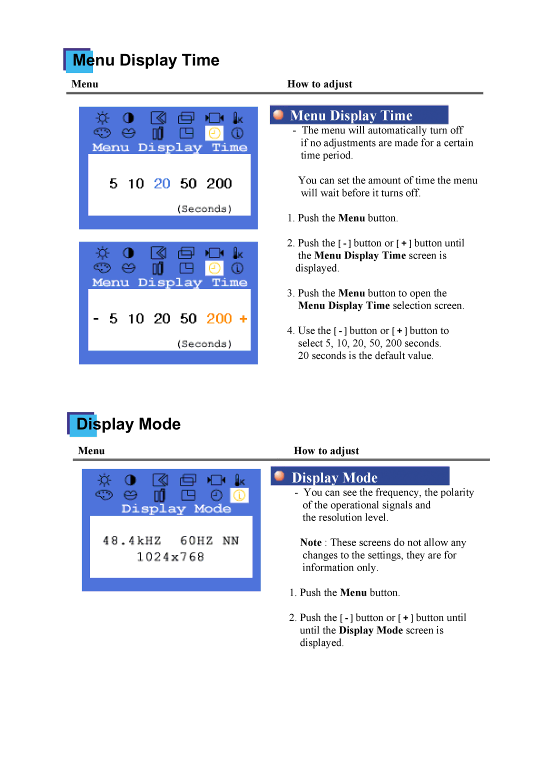 Samsung 152x, 172x manual Menu Display Time, Display Mode 