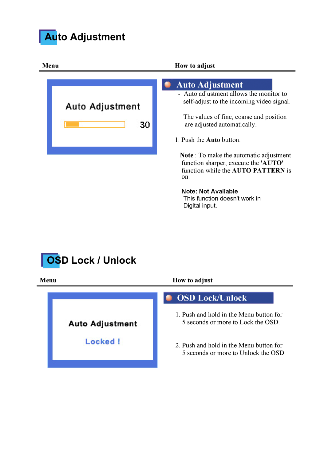 Samsung 172x, 152x manual Auto Adjustment, OSD Lock / Unlock, OSD Lock/Unlock 