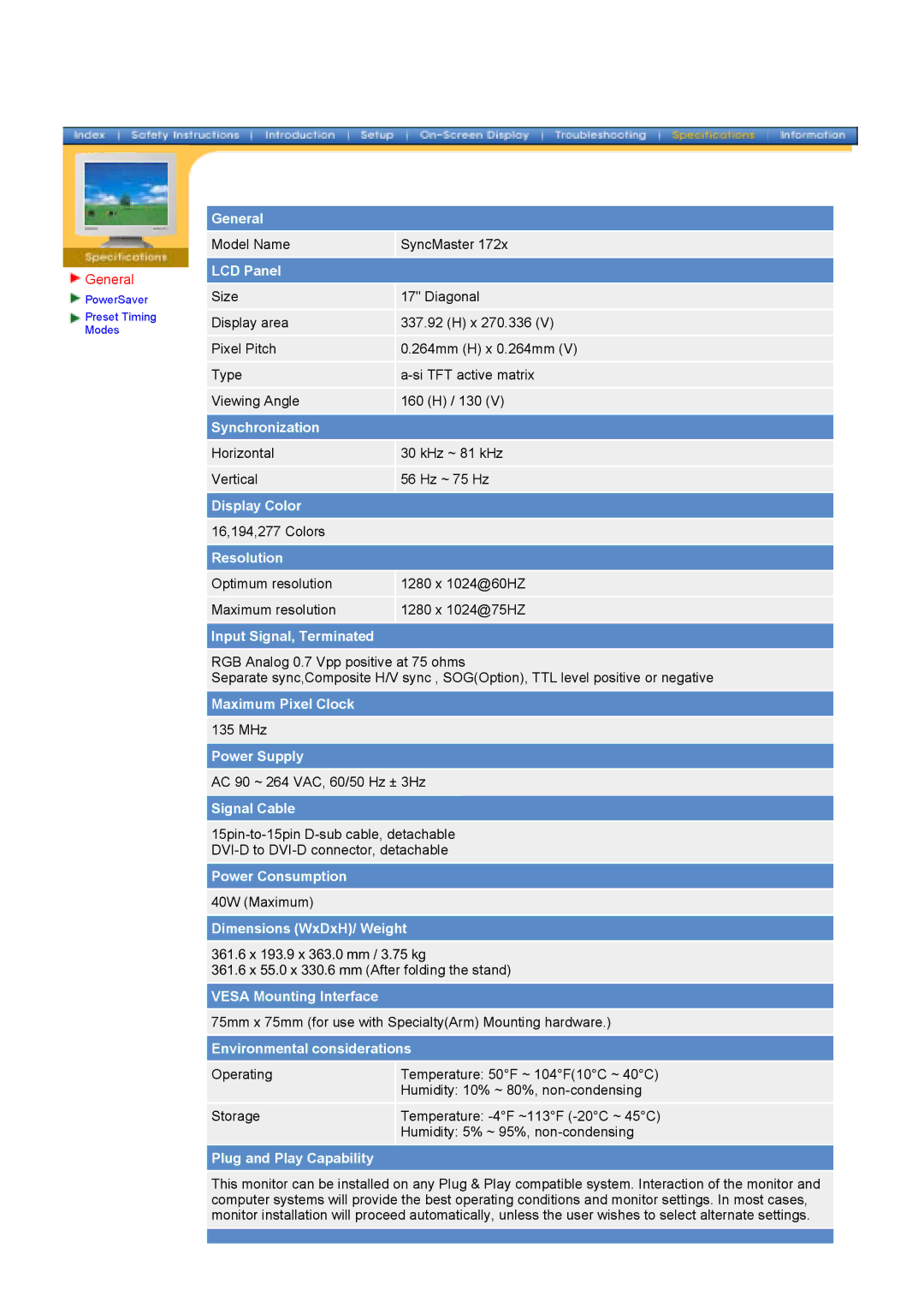 Samsung 152x, 172x manual Horizontal KHz ~ 81 kHz Vertical 56 Hz ~ 75 Hz 