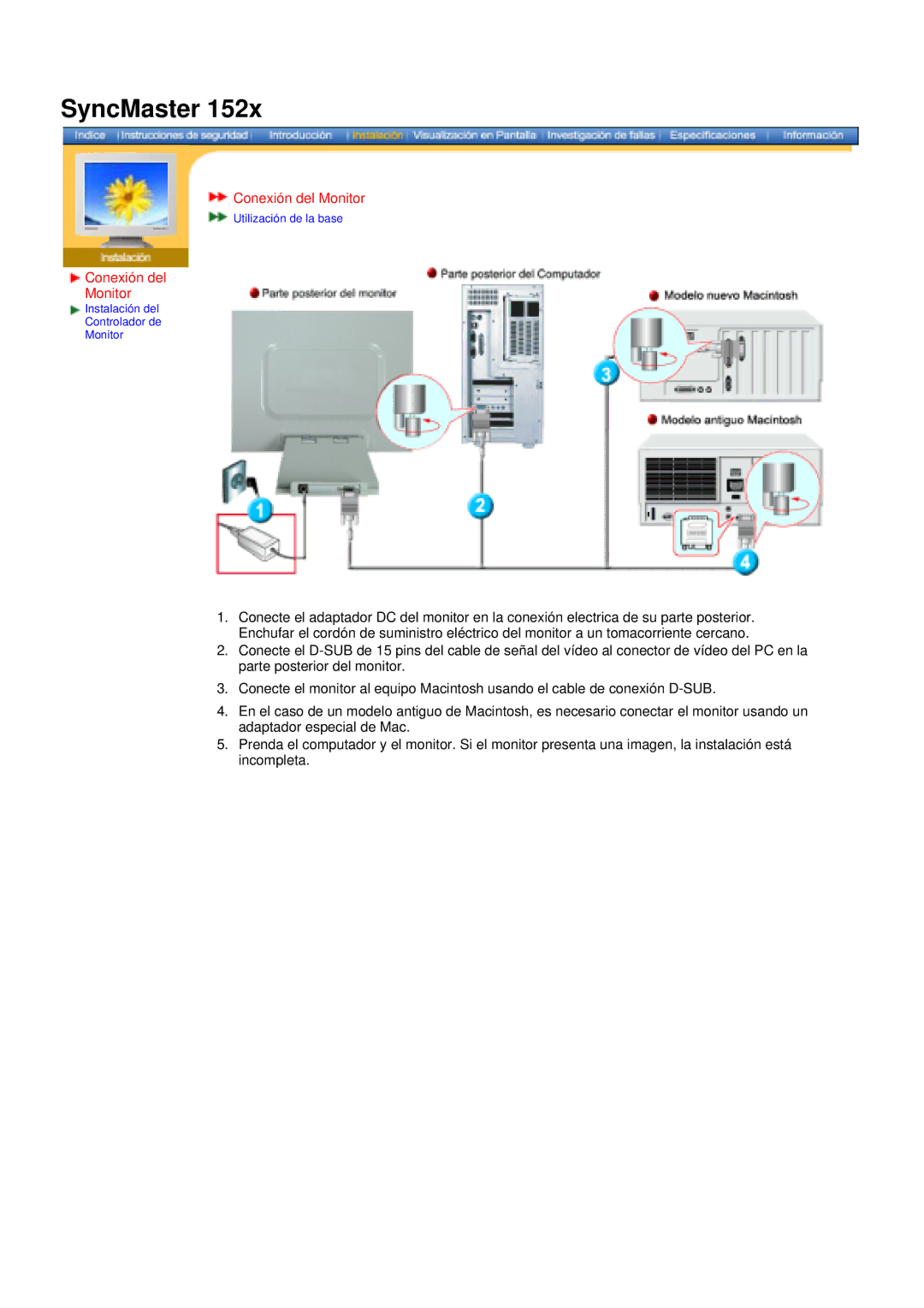 Samsung 152X/172X manual Conexión del Monitor 