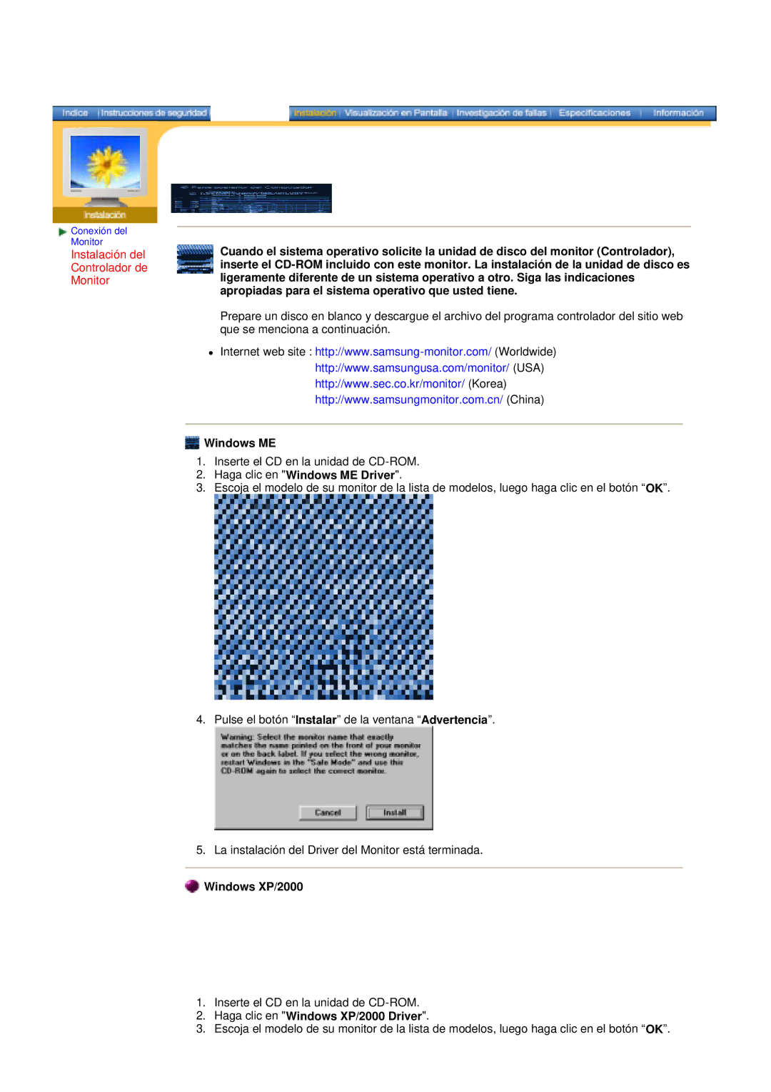 Samsung 152X/172X manual Instalación del Controlador de Monitor, Haga clic en Windows ME Driver, Windows XP/2000 