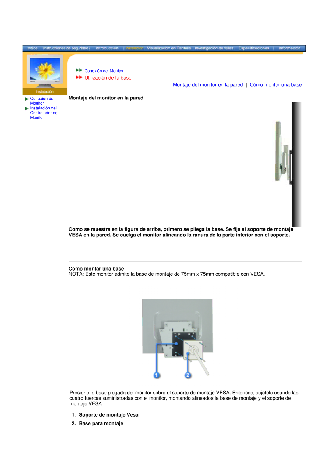 Samsung 152X/172X manual Utilización de la base, Soporte de montaje Vesa Base para montaje 