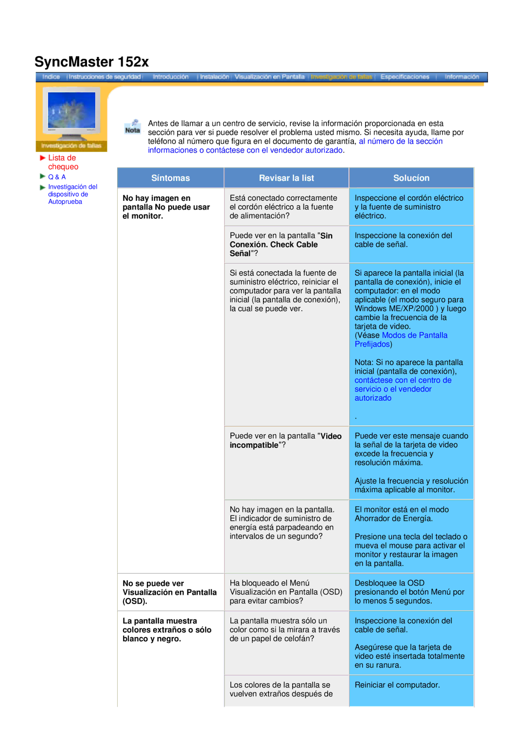 Samsung 152X/172X manual Lista de chequeo, No hay imagen en pantalla No puede usar el monitor, Conexión. Check Cable Señal? 