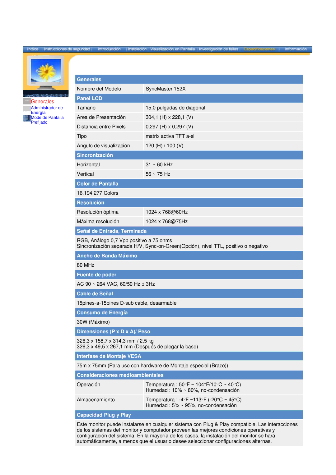 Samsung 152X/172X manual Generales, Panel LCD 