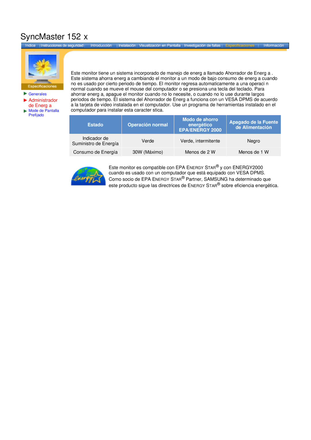 Samsung 152X/172X manual Administrador de Energía, Epa/Energy 