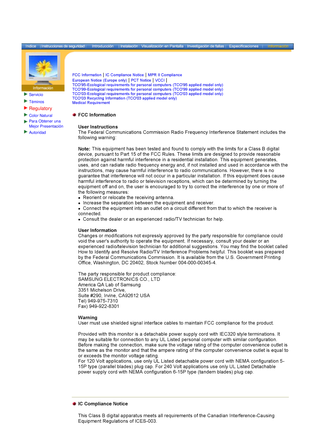 Samsung 152X/172X manual Regulatory, FCC Information User Instructions, User Information, IC Compliance Notice 