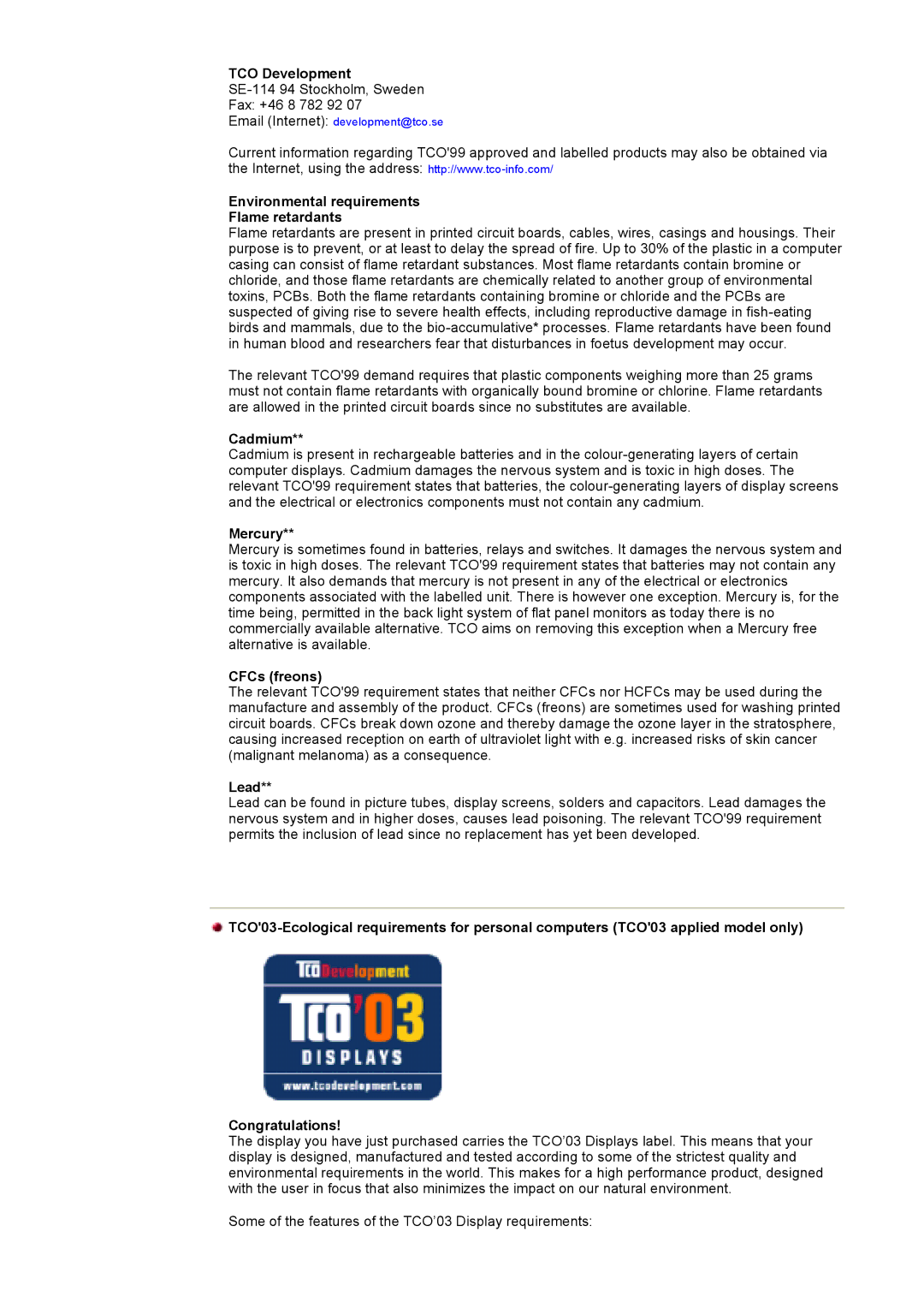 Samsung 152X/172X manual TCO Development, Environmental requirements Flame retardants 