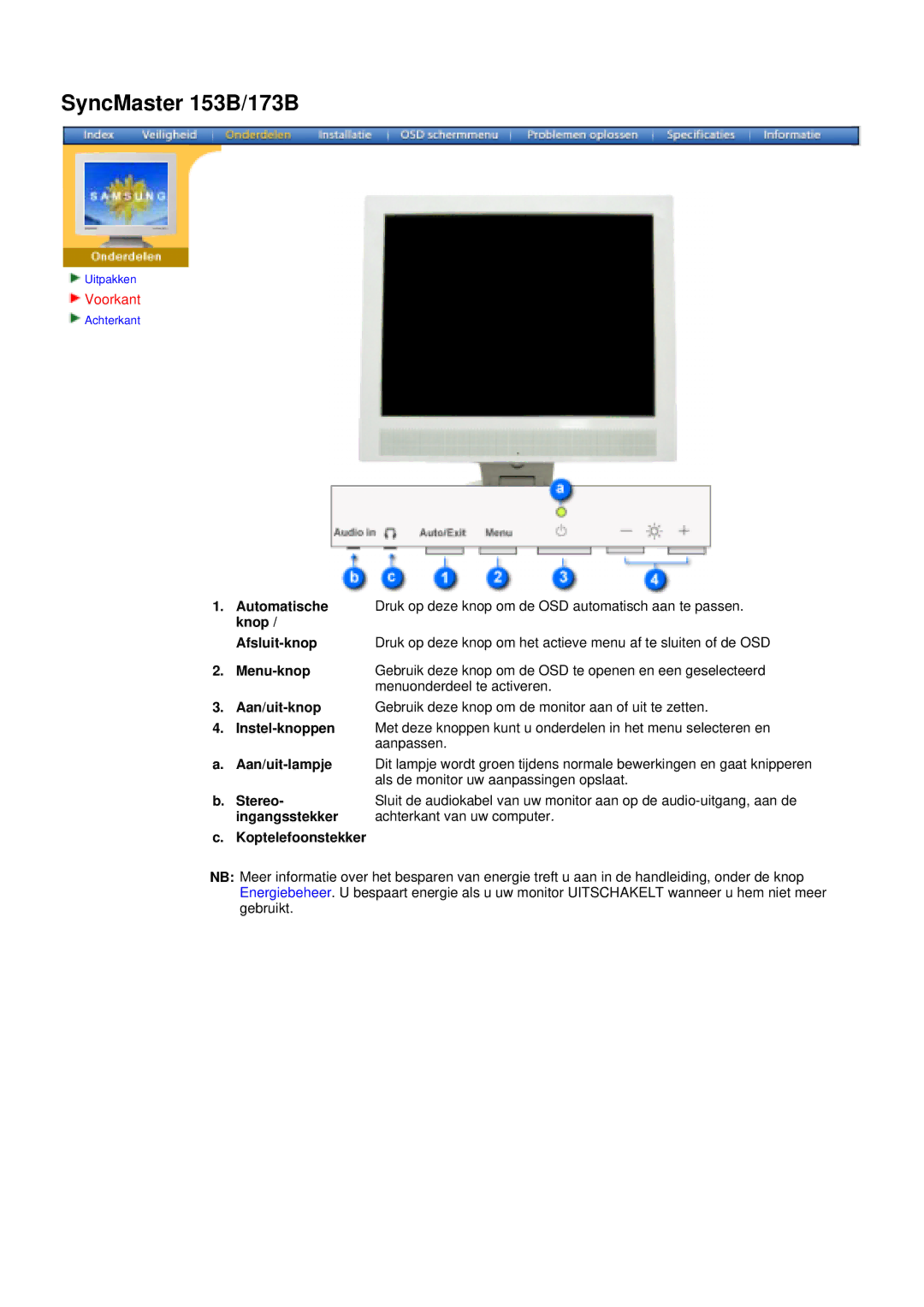 Samsung 153B, 193V, 173V, 173B, 192V153S manual Stereo, Ingangsstekker Achterkant van uw computer Koptelefoonstekker 