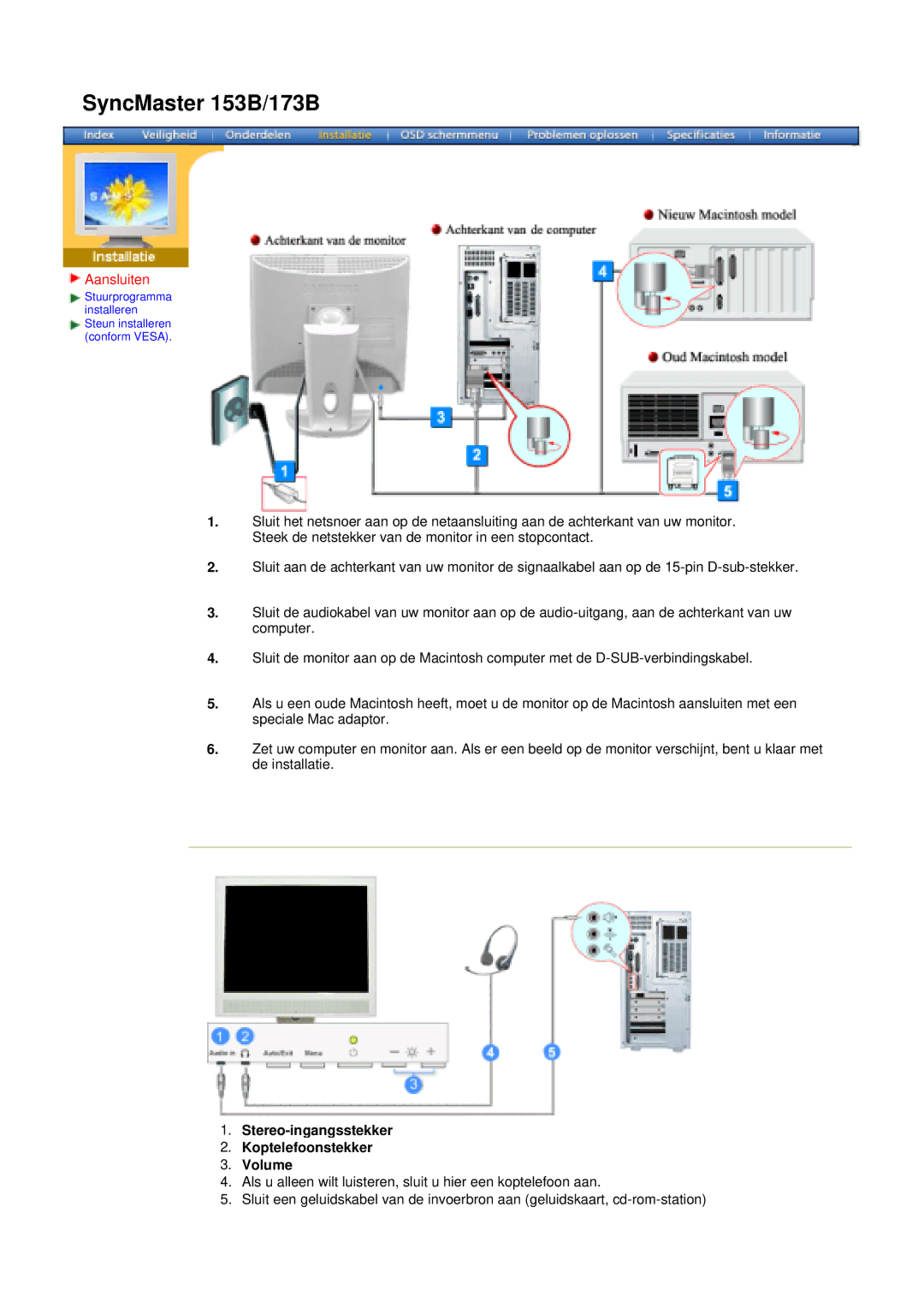 Samsung 153B, 193V, 173V, 173B, 192V153S manual Stereo-ingangsstekker Koptelefoonstekker Volume 