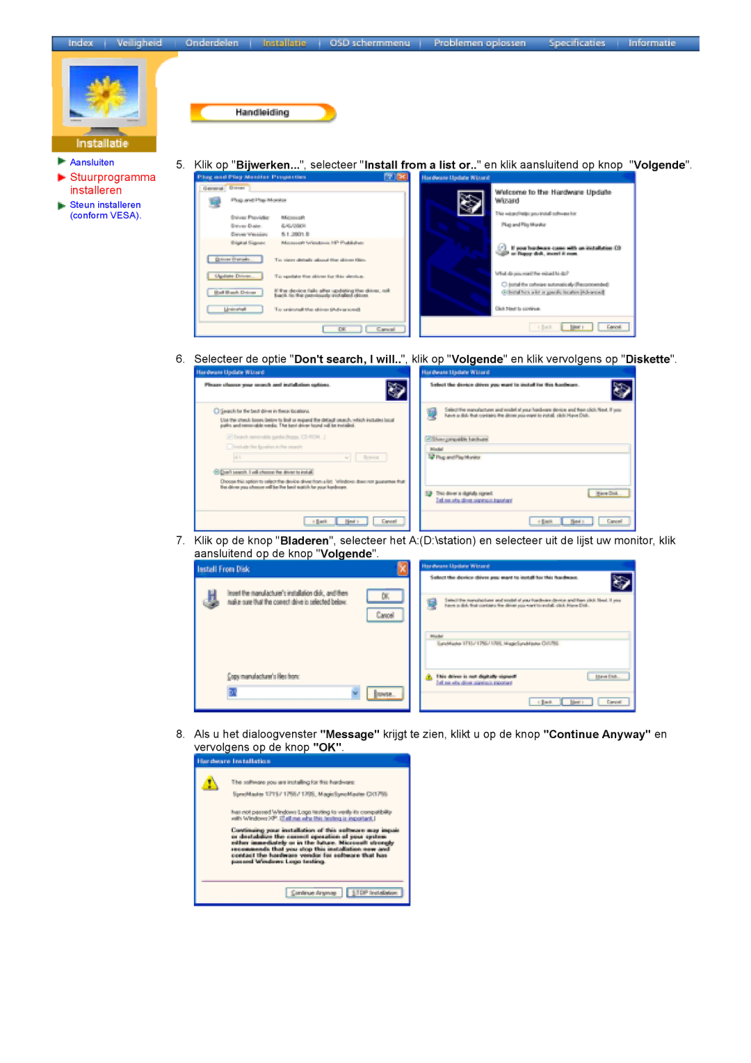 Samsung 173B, 153B, 193V, 173V, 192V153S manual Steun installeren conform Vesa 