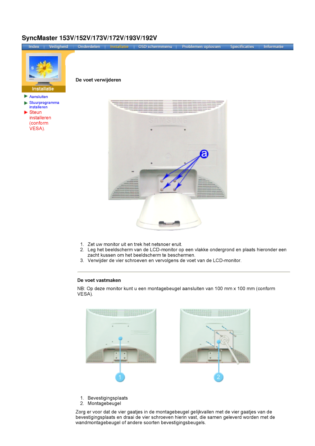 Samsung 193V, 153B, 173V, 173B, 192V153S manual De voet verwijderen, Steun installeren conform Vesa, De voet vastmaken 