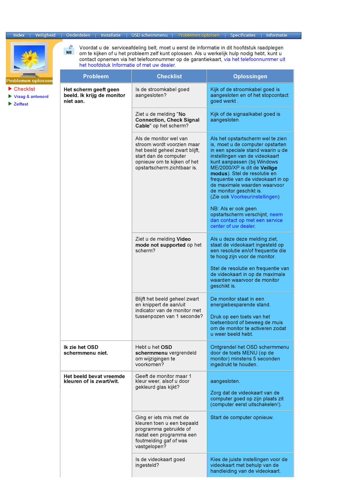 Samsung 173B, 153B, V Het scherm geeft geen, Beeld. Ik krijg de monitor, Niet aan, Connection, Check Signal, Ik zie het OSD 