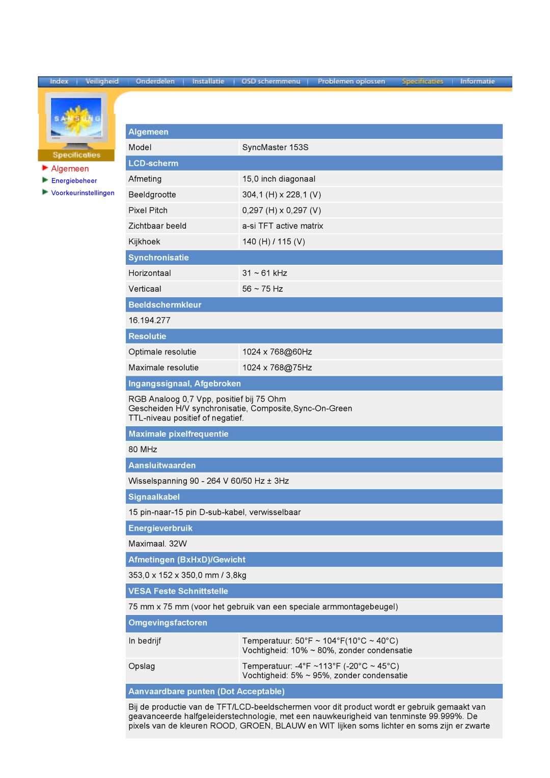 Samsung 173B, 153B, 193V, 173V, 192V153S manual Afmetingen BxHxD/Gewicht 