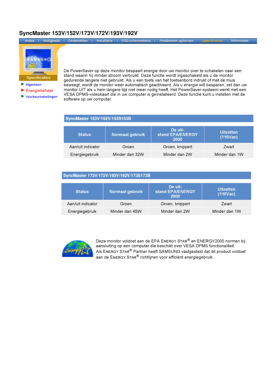 Samsung 153B, 193V, 173V, 173B, 192V153S manual Energiebeheer, 2000 