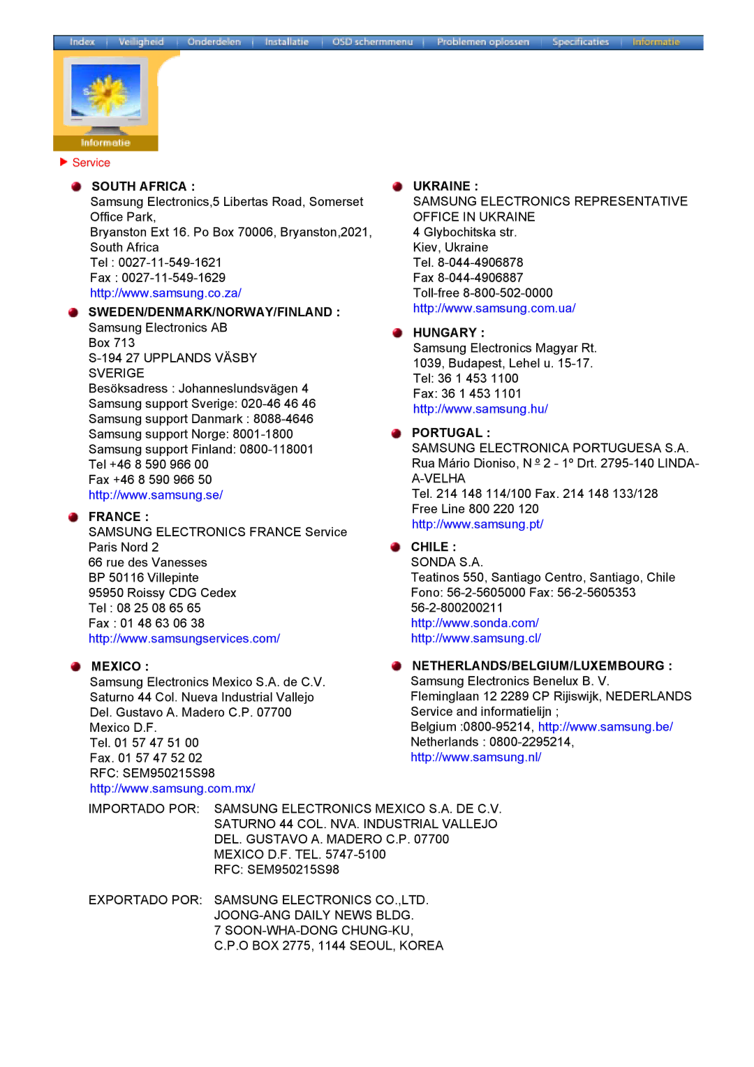 Samsung 173B, 153B, 193V, 173V, 192V153S manual South Africa, Service 