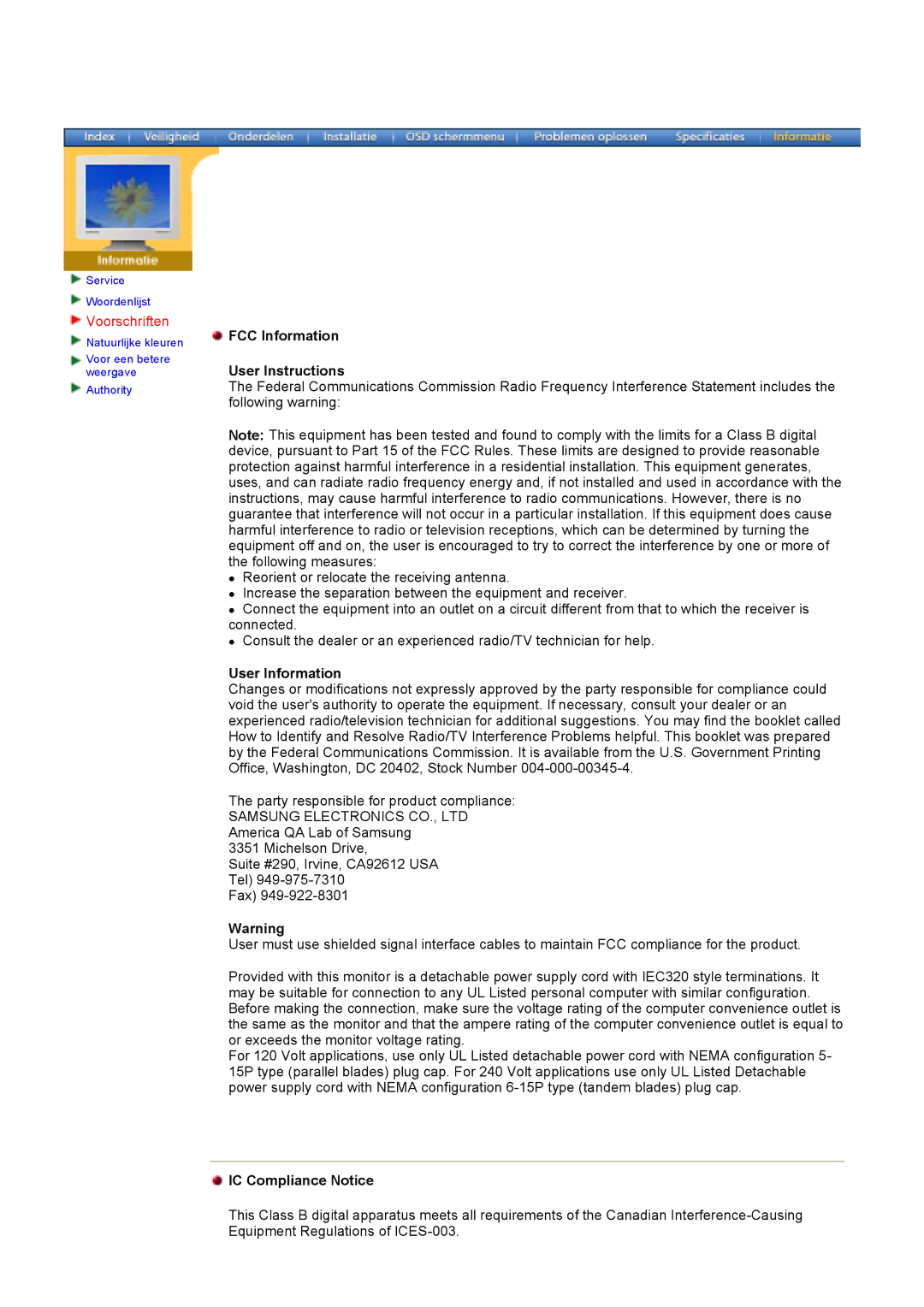 Samsung 153B, 193V, 173V, 173B manual Voorschriften, FCC Information User Instructions, User Information, IC Compliance Notice 