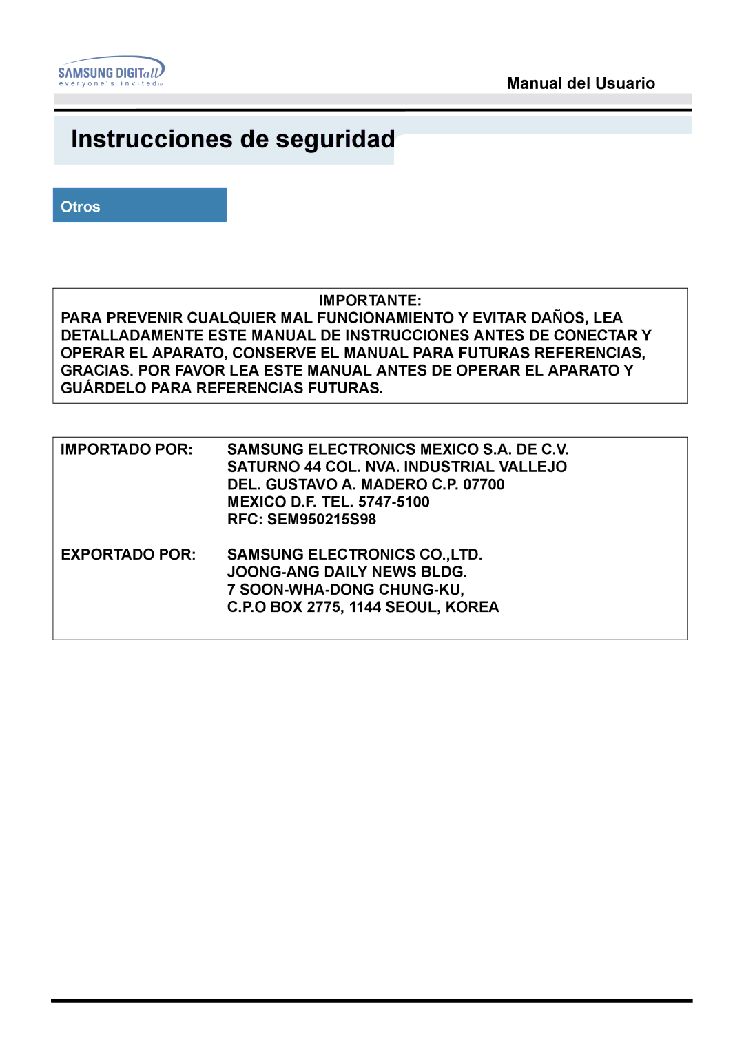 Samsung 151V, 153N, 151Q manual Mexico D.F. TEL 