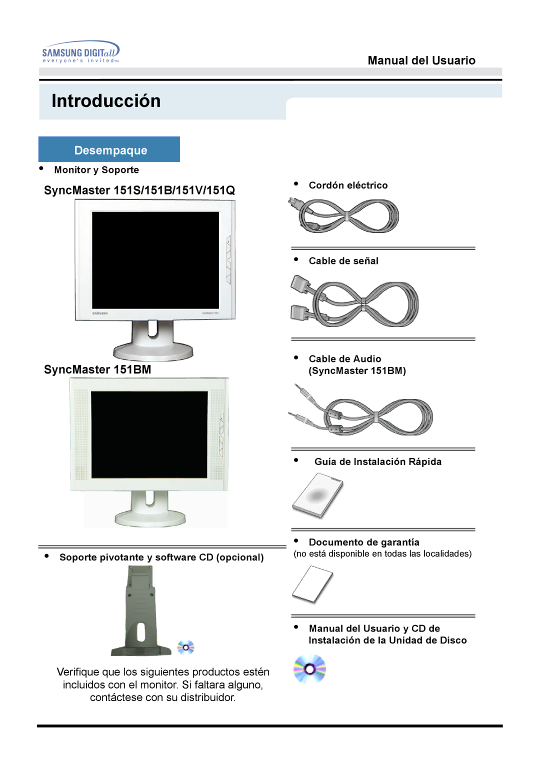 Samsung 153N, 151Q, 151V manual Introducción, Monitor y Soporte, Documento de garantía 