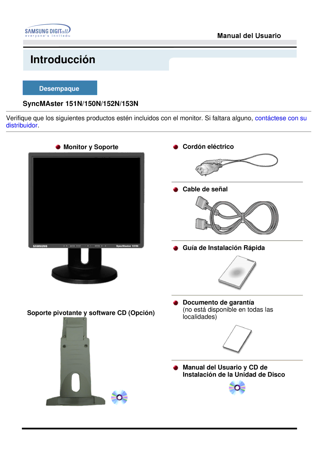 Samsung 151Q, 151V manual SyncMAster 151N/150N/152N/153N, Desempaque 