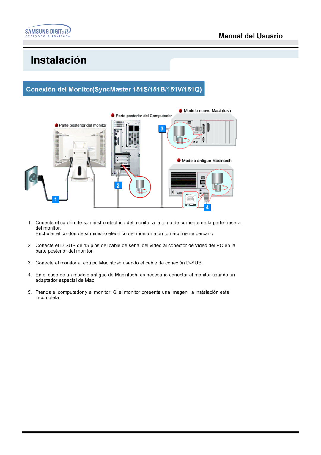 Samsung 153N manual Instalación, Conexión del MonitorSyncMaster 151S/151B/151V/151Q 