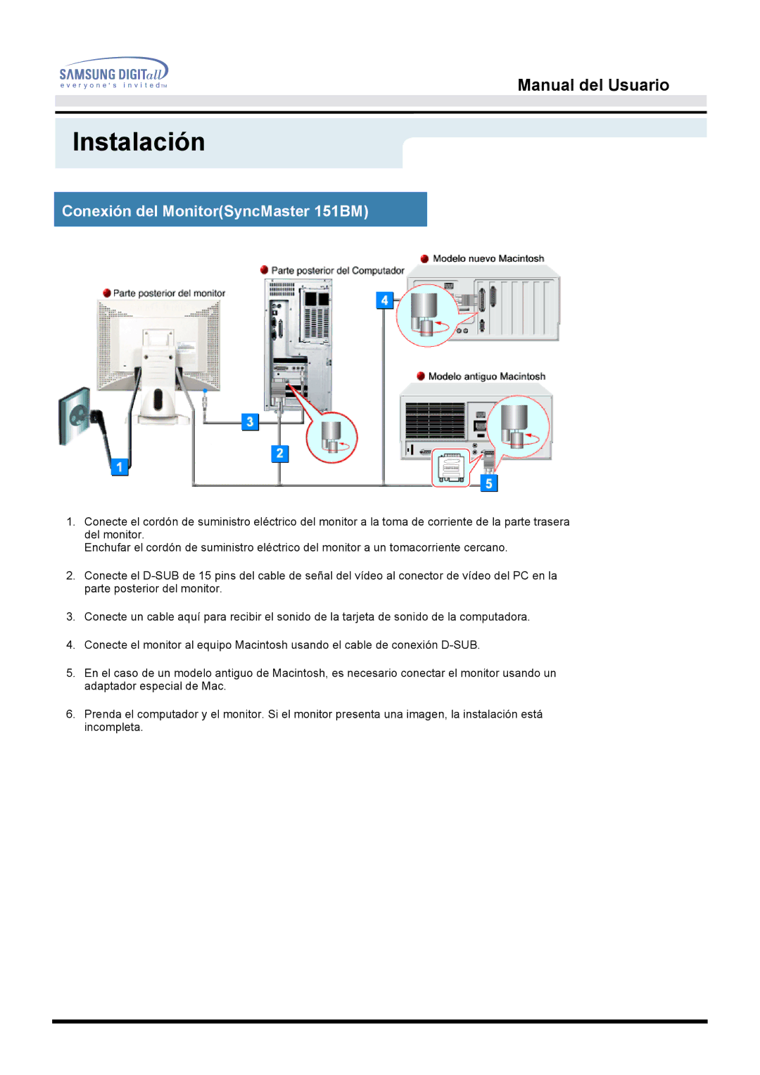 Samsung 151Q, 153N, 151V manual Conexión del MonitorSyncMaster 151BM 