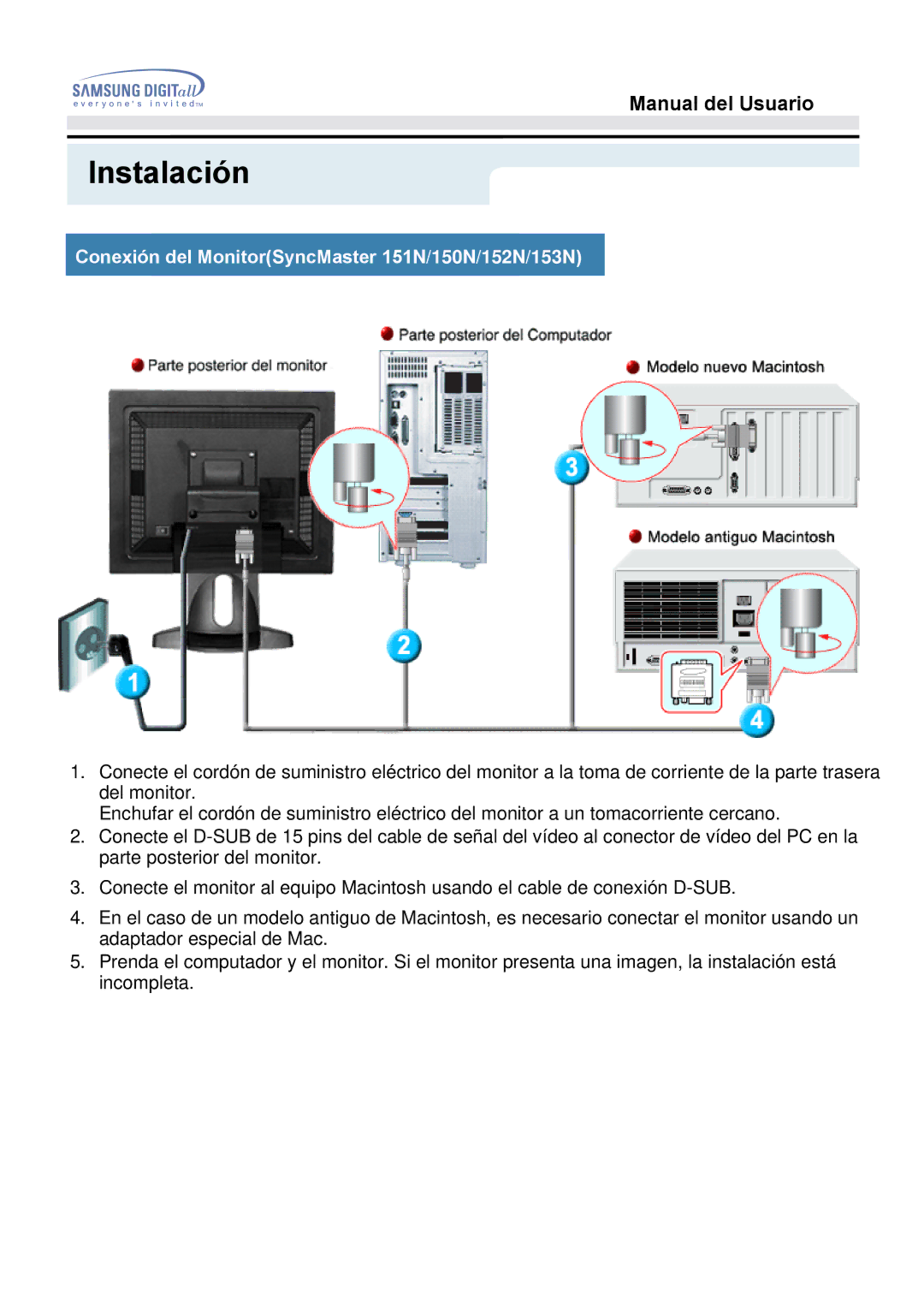 Samsung 151V, 151Q manual Conexión del MonitorSyncMaster 151N/150N/152N/153N 