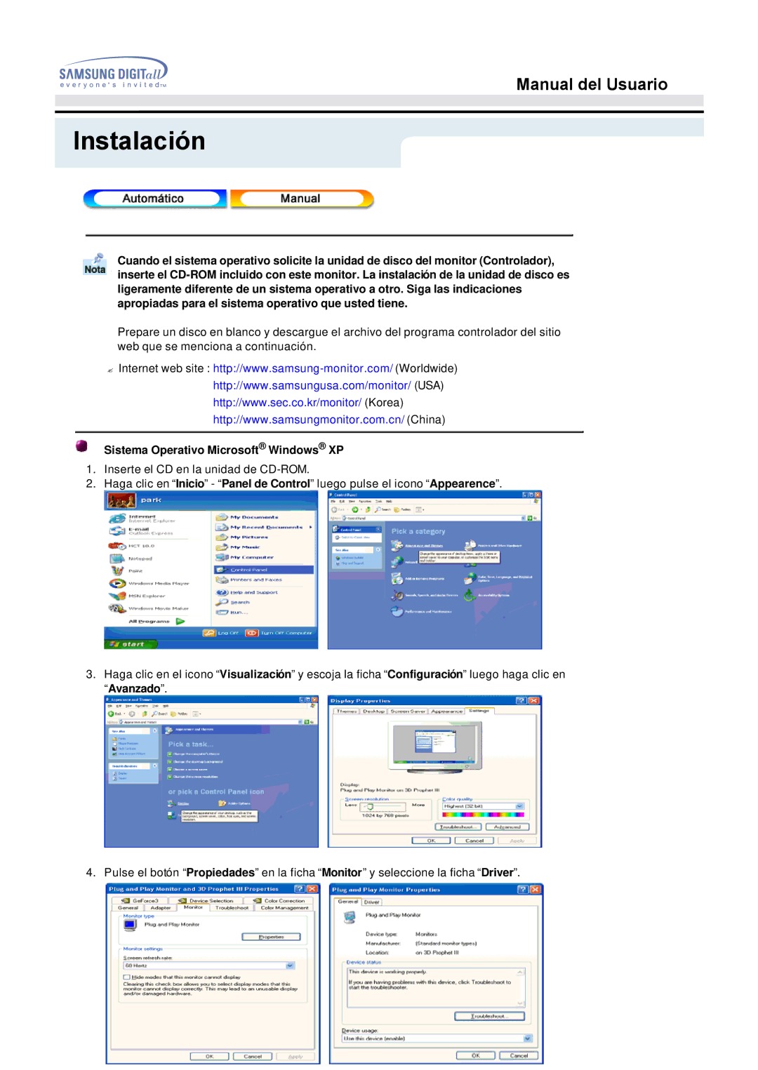 Samsung 151V, 153N, 151Q manual Sistema Operativo Microsoft Windows XP 