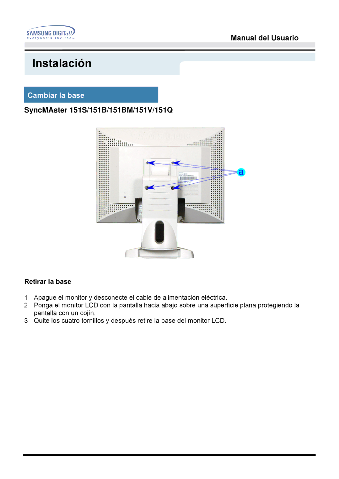 Samsung 151Q, 153N, 151V manual Cambiar la base 