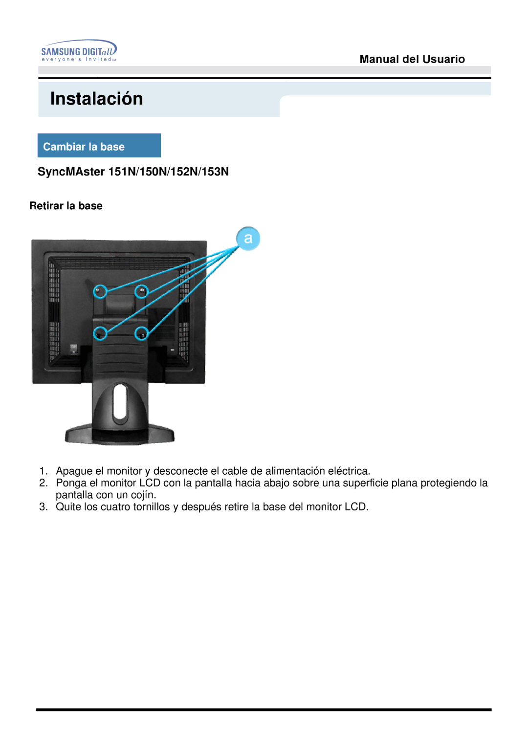 Samsung 153N, 151Q, 151V manual Cambiar la base 