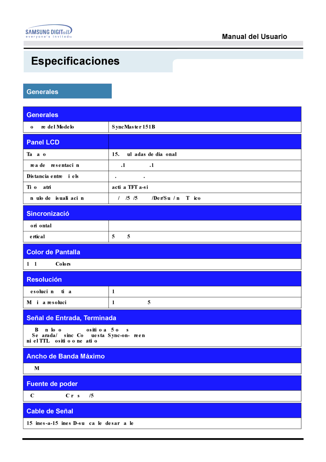 Samsung 151V, 153N, 151Q manual Nombre del Modelo SyncMaster 151B 