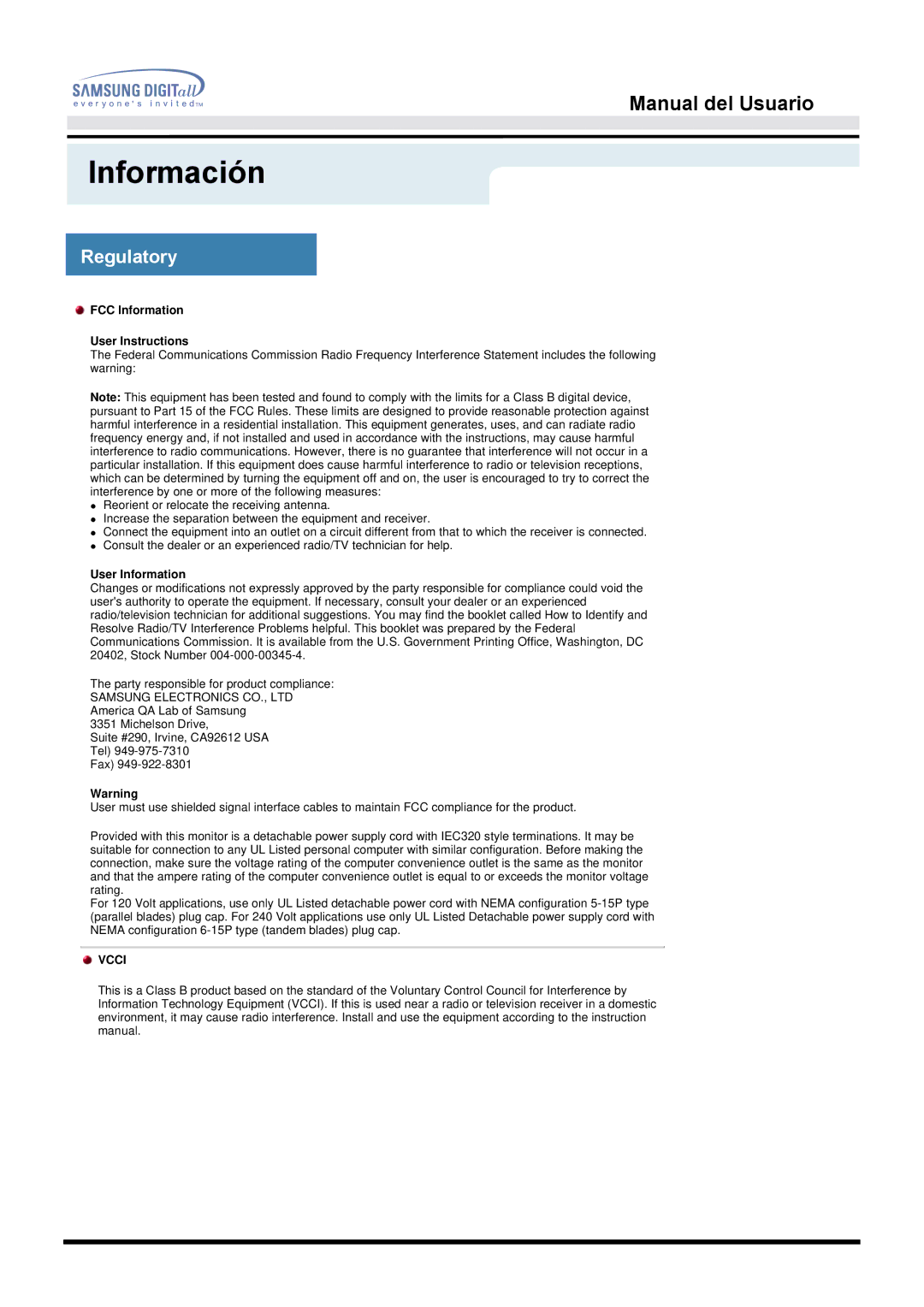 Samsung 151V, 153N, 151Q manual Regulatory, FCC Information User Instructions 