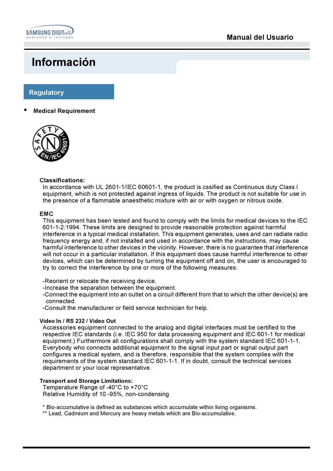 Samsung 151V, 153N, 151Q manual Medical Requirement Classifications, Emc 