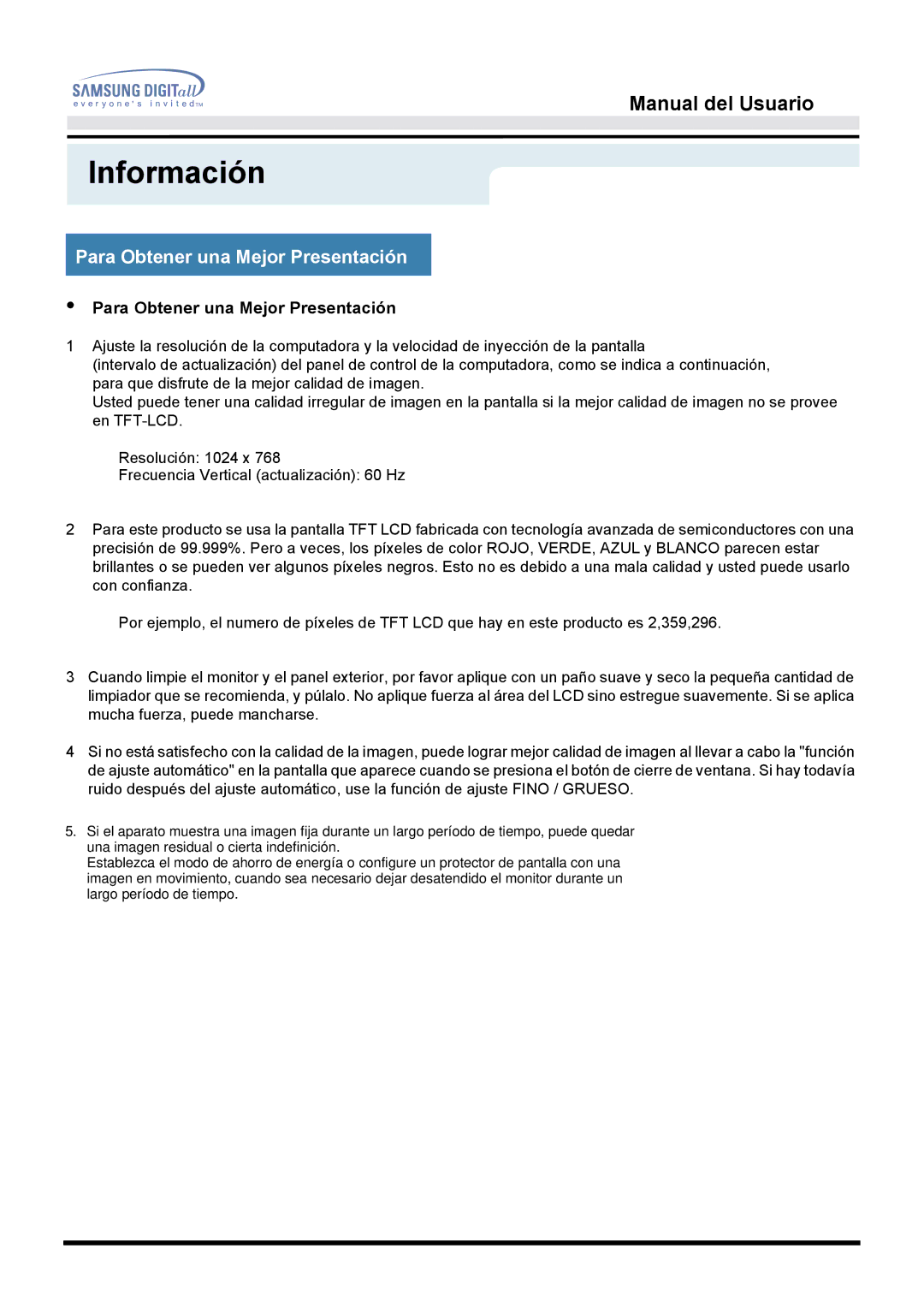 Samsung 151Q, 153N, 151V manual Para Obtener una Mejor Presentación 