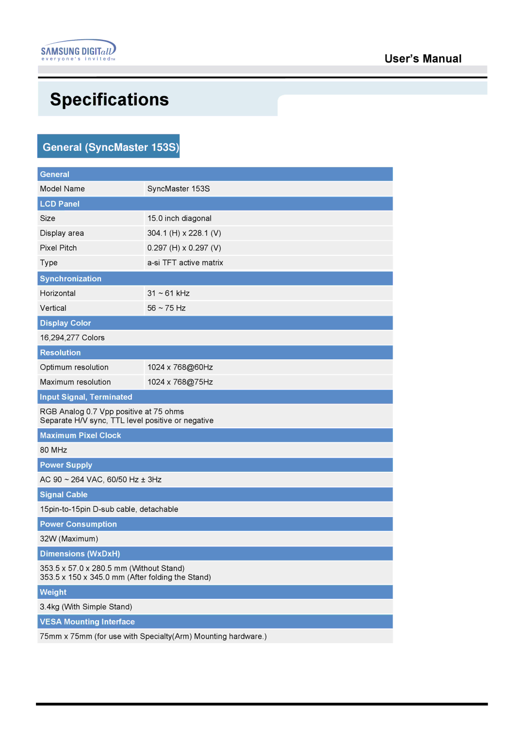 Samsung 153S, 173S, 193S, 174V, 175V manual Specifications, General SyncMaster 153S 