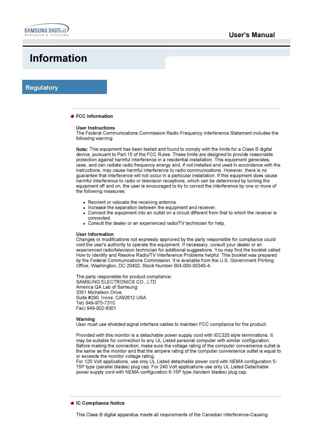 Samsung 153S, 173S, 193S, 174V, 175V Regulatory, FCC Information User Instructions, User Information, IC Compliance Notice 