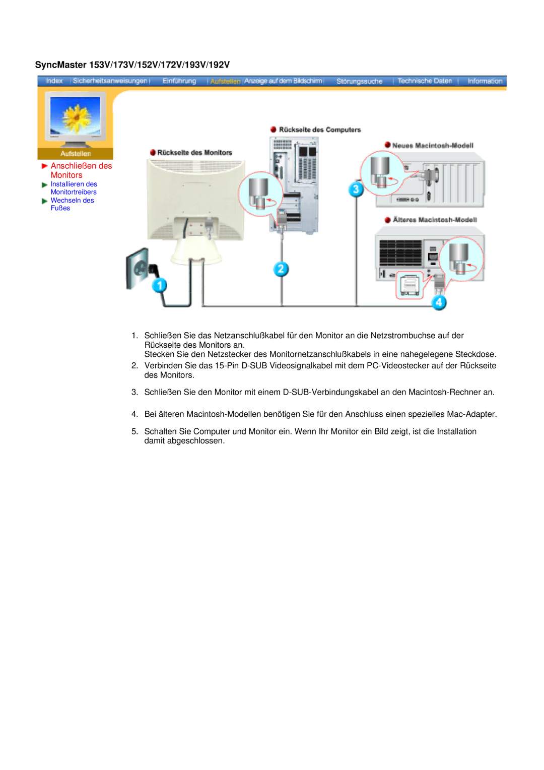 Samsung 153S manual SyncMaster 153V/173V/152V/172V/193V/192V, Anschließen des Monitors 