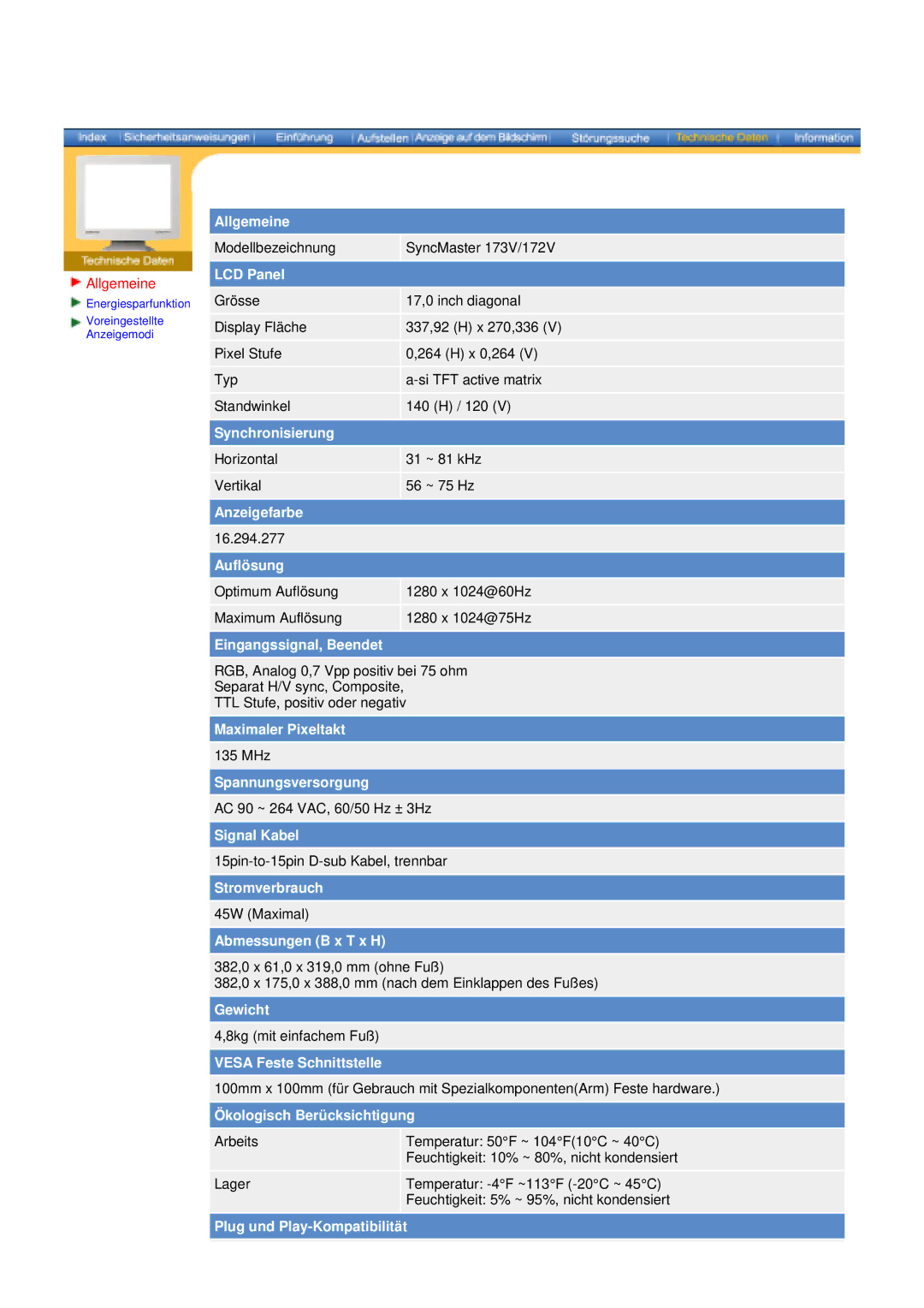 Samsung 153S manual Modellbezeichnung SyncMaster 173V/172V 