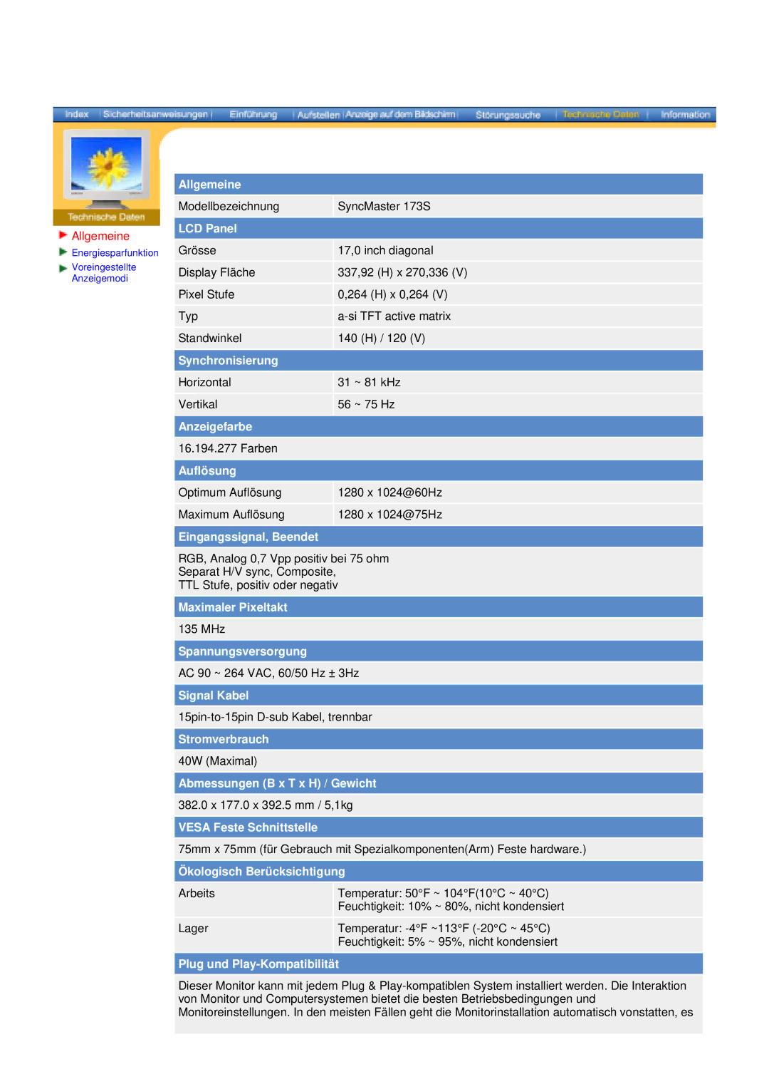 Samsung V, 153S manual Modellbezeichnung SyncMaster 173S 