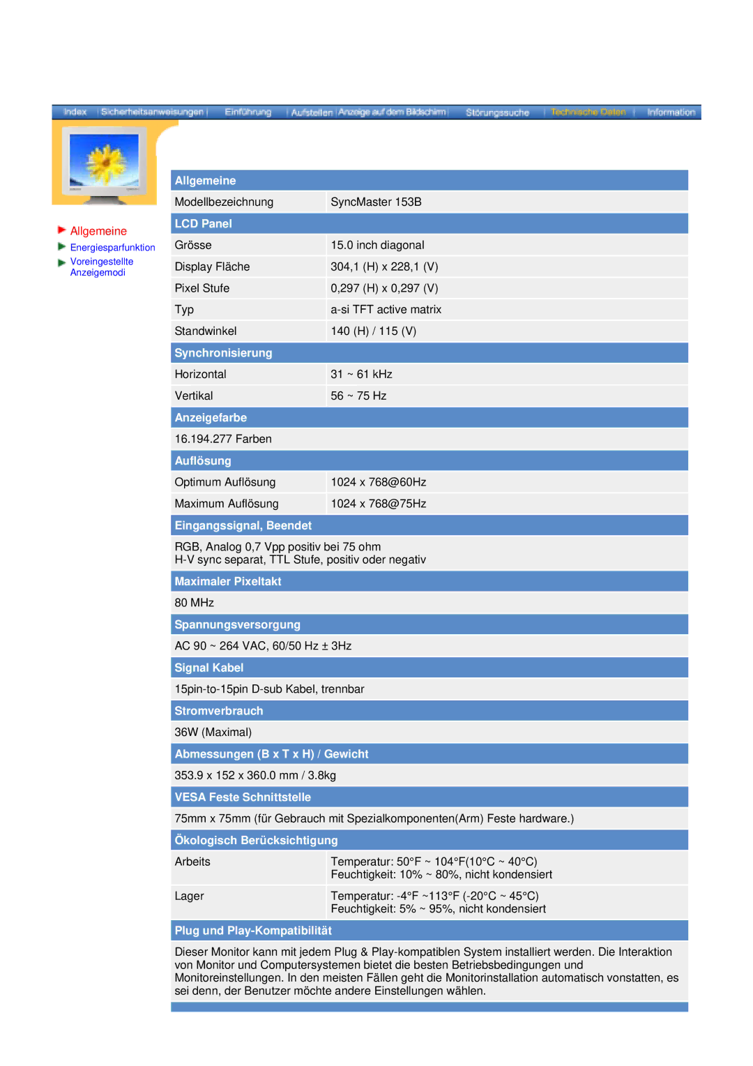 Samsung V, 153S manual Modellbezeichnung SyncMaster 153B 