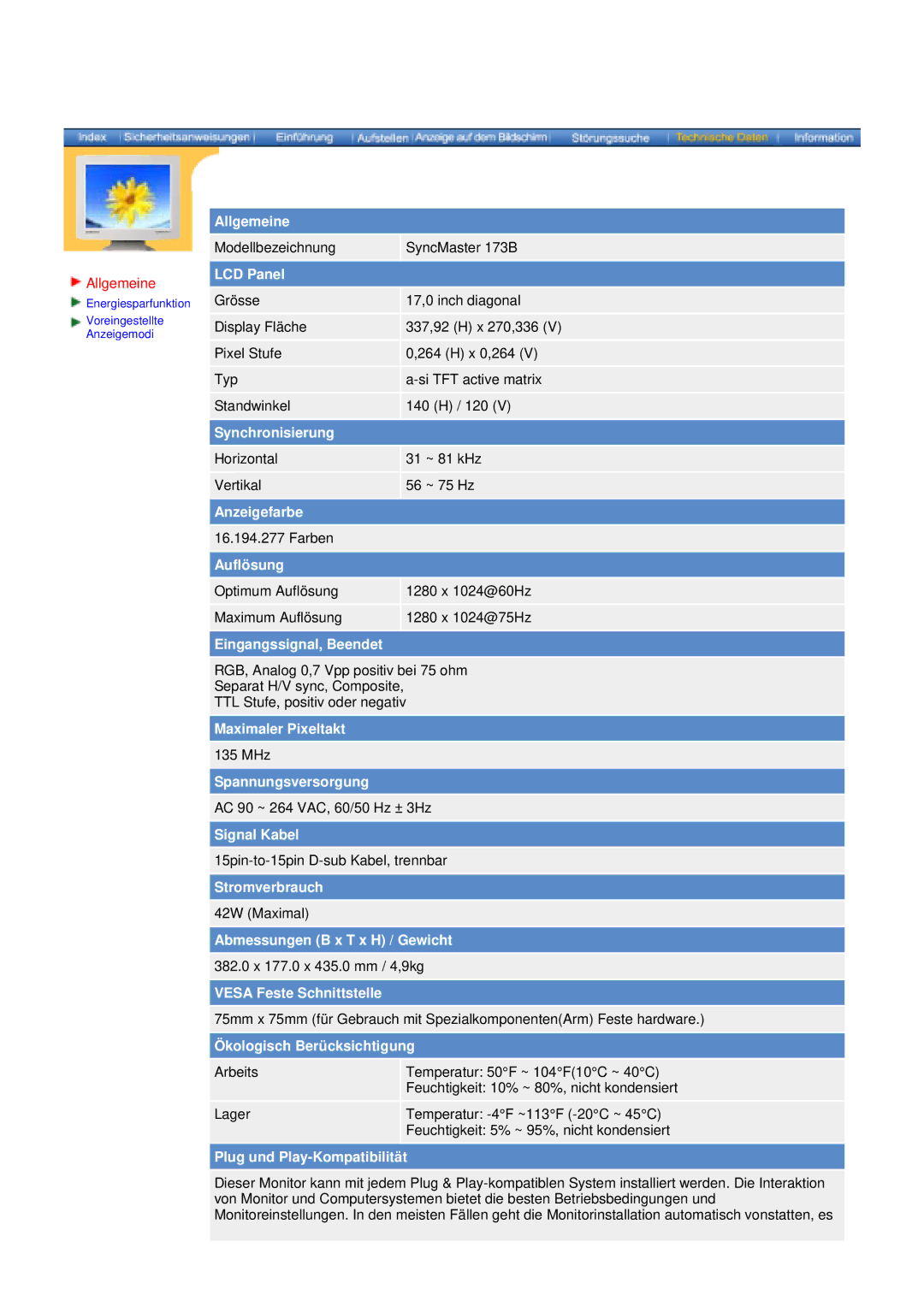 Samsung V, 153S manual Modellbezeichnung SyncMaster 173B 