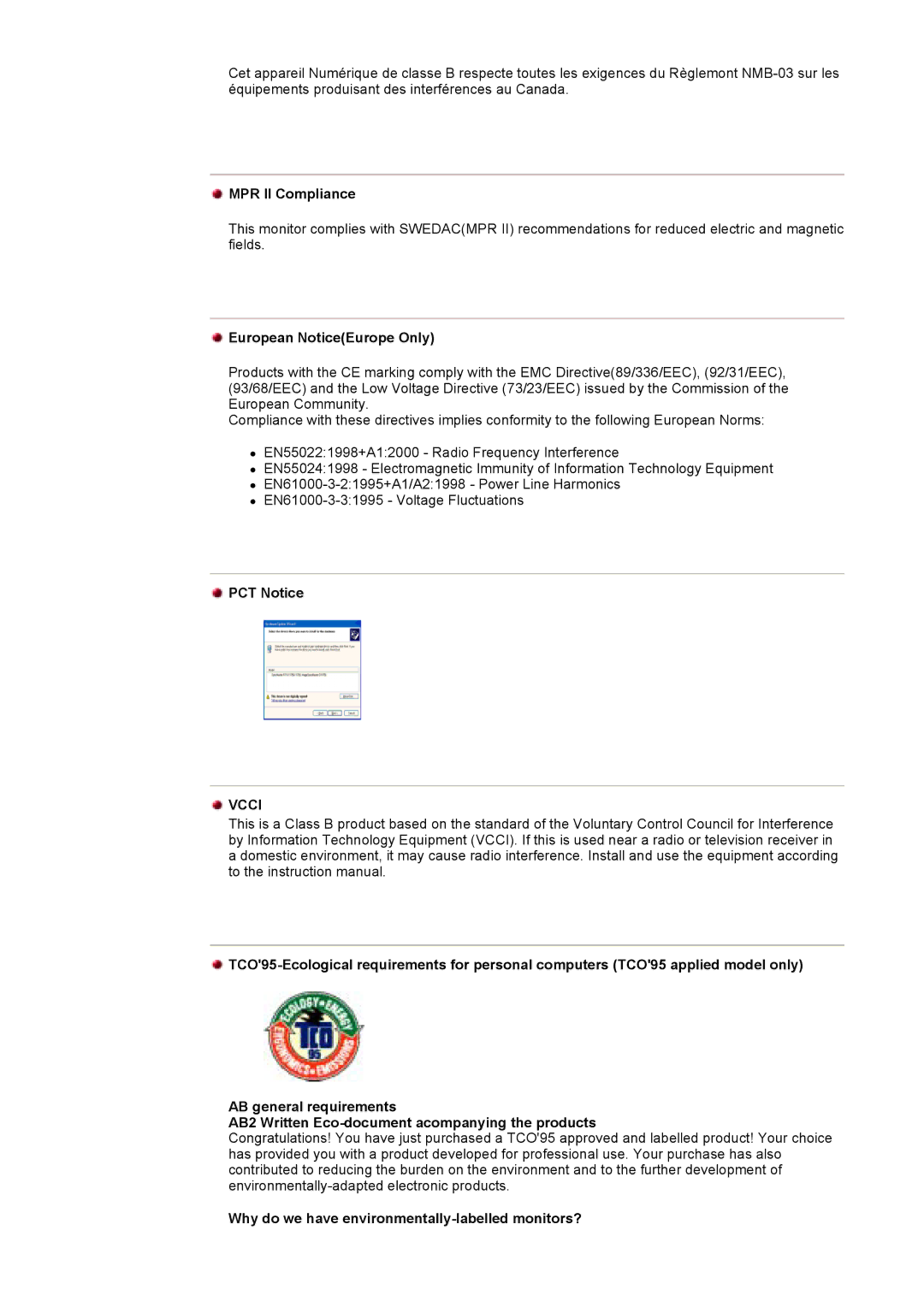 Samsung V MPR II Compliance, European NoticeEurope Only, PCT Notice, Why do we have environmentally-labelled monitors? 