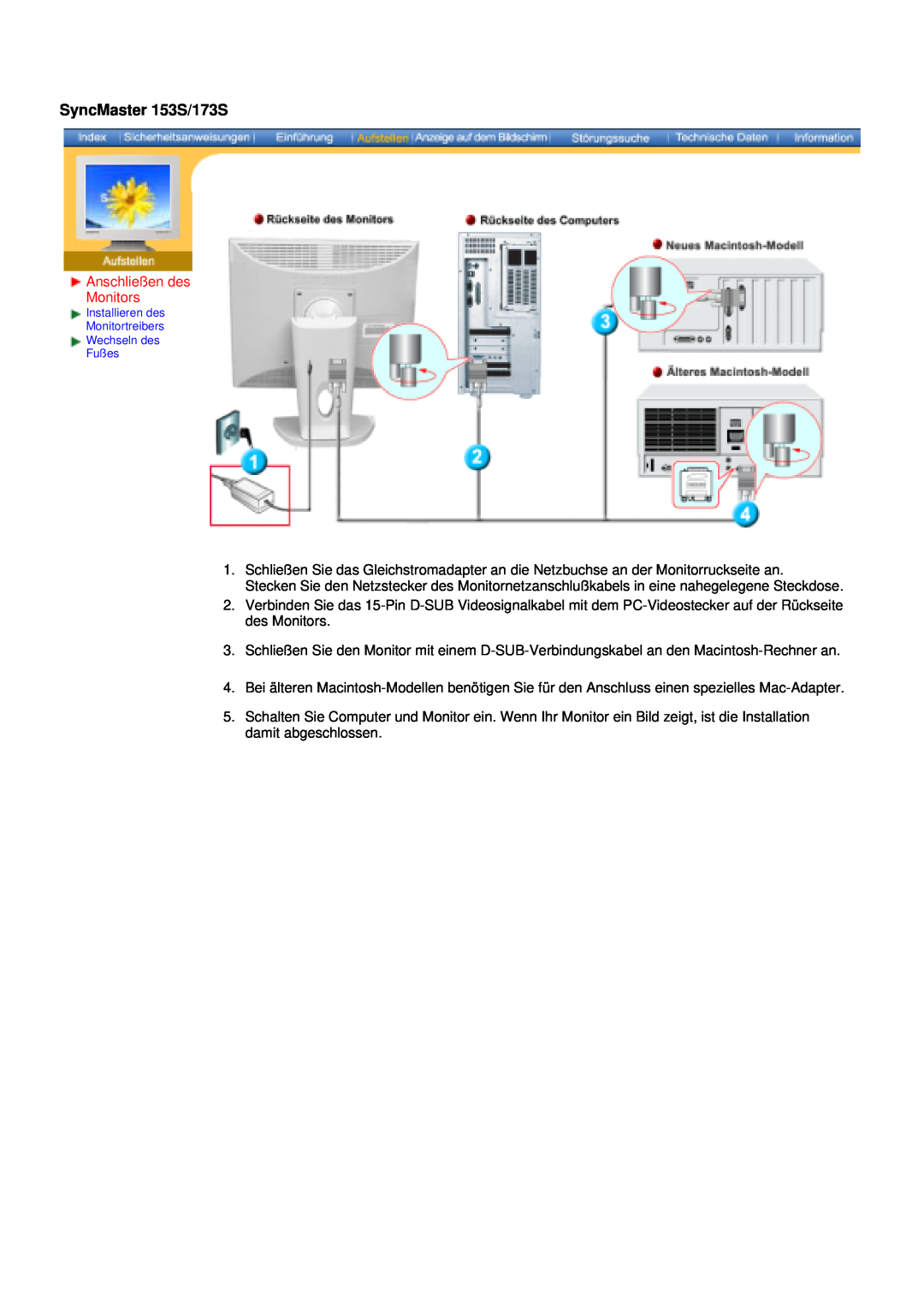Samsung V manual SyncMaster 153S/173S, Anschließen des Monitors 