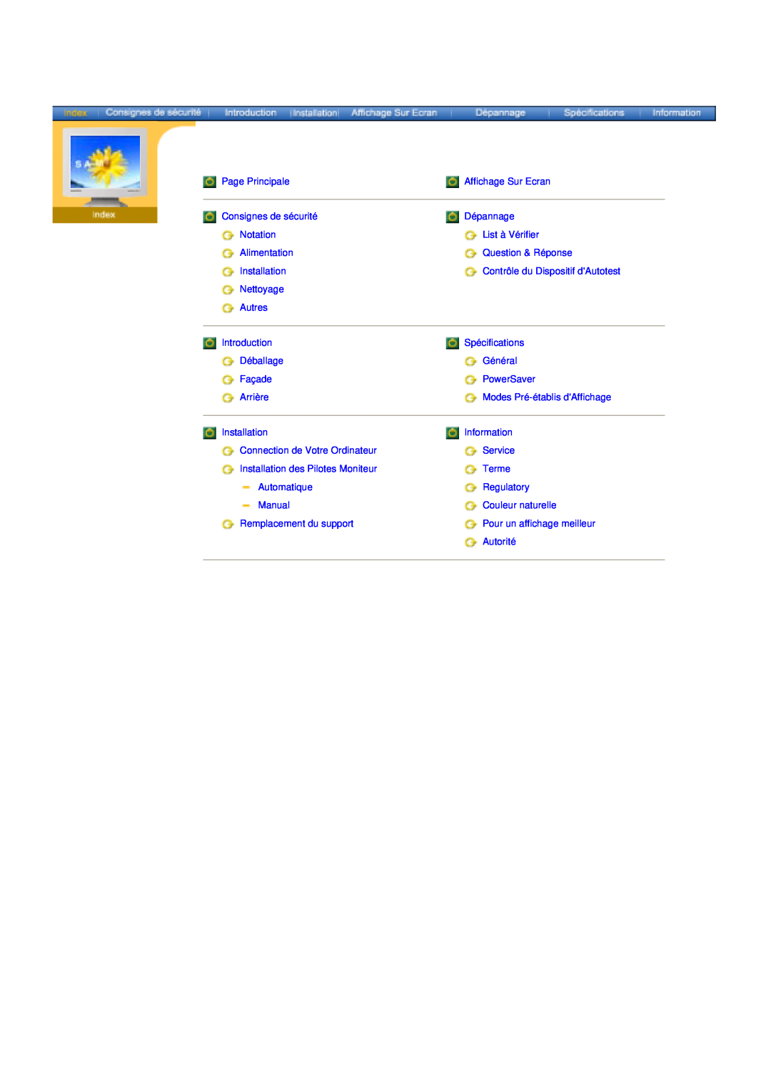 Samsung 153S Page Principale, Affichage Sur Ecran, Consignes de sécurité, Dépannage, Notation, List à Vérifier, Nettoyage 